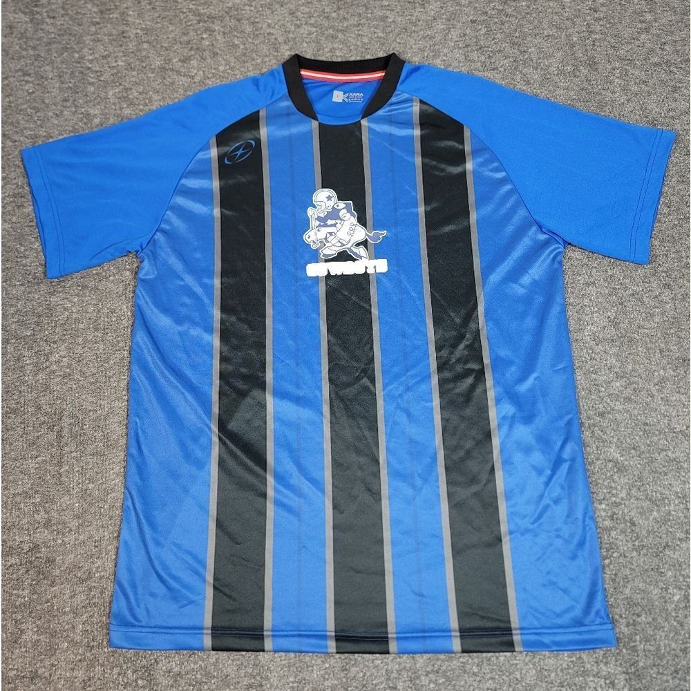 Xara Soccer Jersey Cowboys Striped Blue Black #3 Men’s Large L Football Shirt